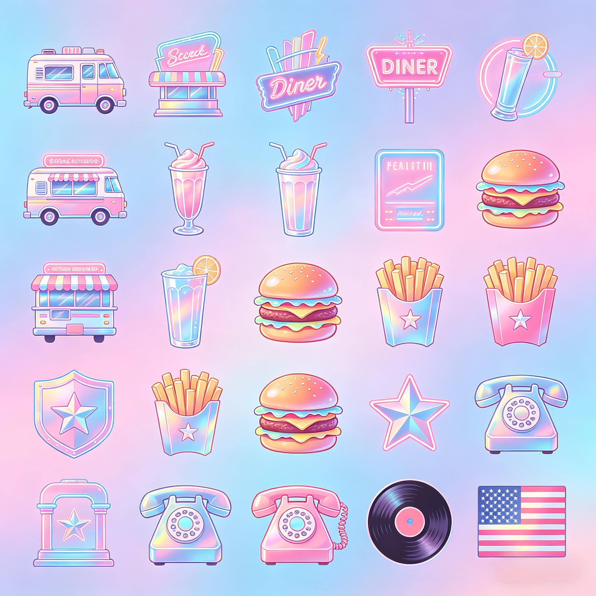 Y2K 全息渐变美式复古 diner 图标套装